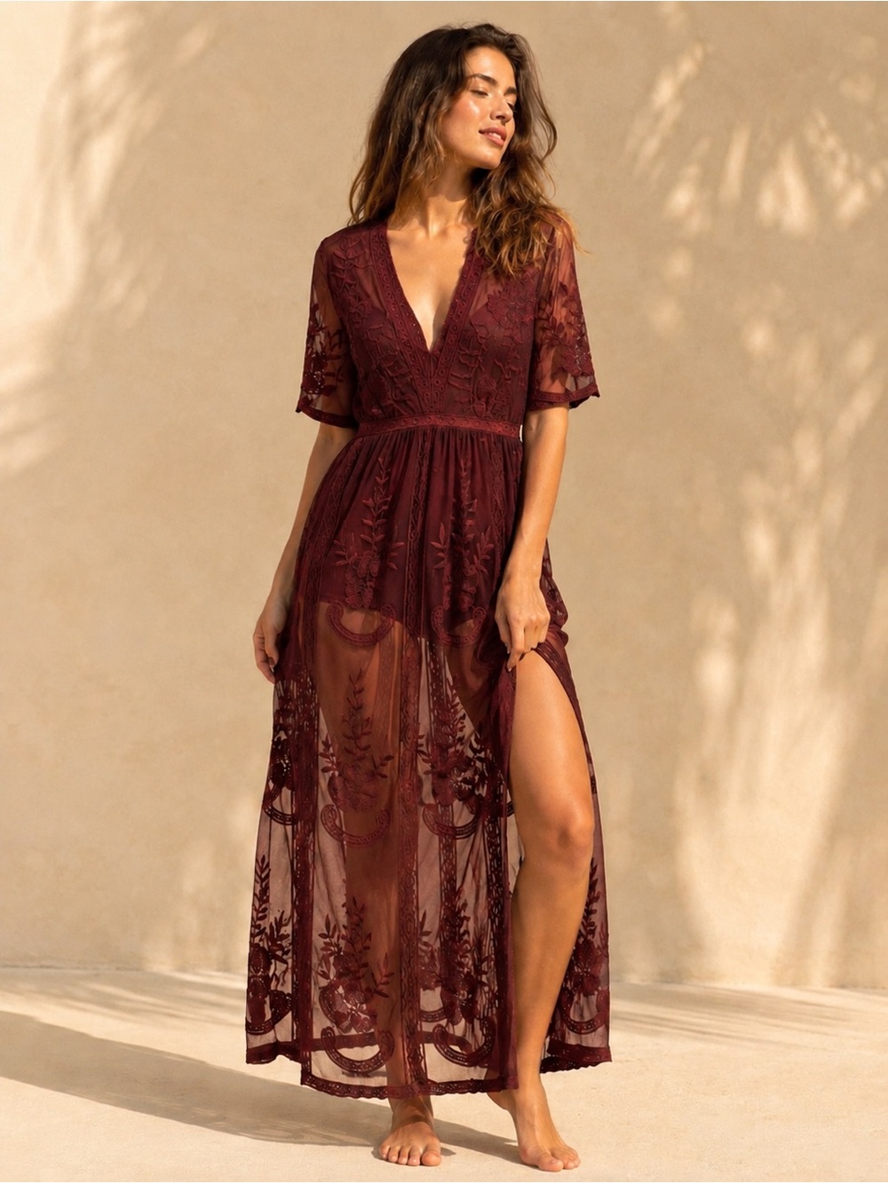 Wishlist Burgundy Lace Maxi Dress with V-Neck
